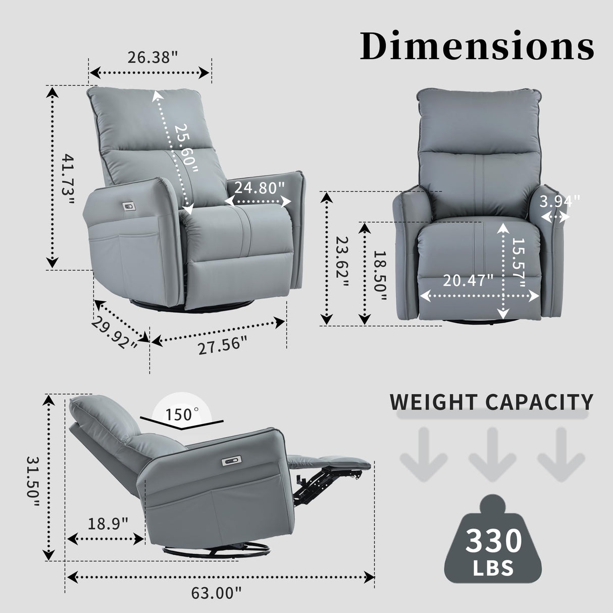 KEIKI 270 Degree Power Swivel PU Leather Power Recliner Chair, Nursery Recliners, Home Theater Recliner Chair, Rocking Chair Electric Glider Reclining Sofa with USB Ports, Blue Gray KEIKI