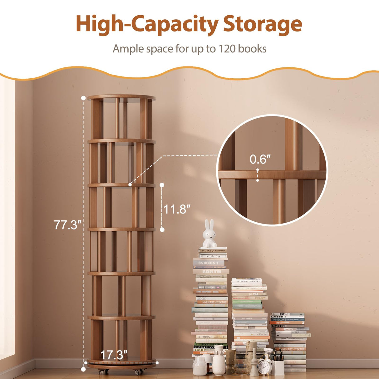 Muwuele Solid Wood Rotating Bookshelf on Wheels, 6 Tier, Round Revolving Bookcase, 360° Spinning Book Shelf Tower for Kids, Narrow Rolling Bookshelves for Small Space, Corner, Bedroom, Office, Walnut Muwuele