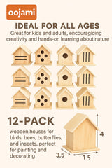 12 Pack Oojami Wooden Bird, Bee, Insect, and Butterfly Houses, DIY Paintable Craft Kit, Bulk Set for Kids and Adults, Outdoor Garden Habitat for Pollinators Oojami