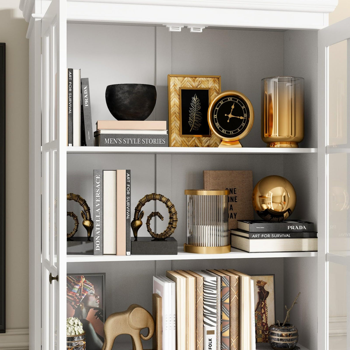 JOIKUJIA 125” Wall Units TV Stand with Glass Doors, Large Entertainment Center with Bookshelves, Modern Media Center with Storage, White, 125.2”W x 15.7”D x 76”H JOIKUJIA