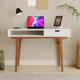 Longcoam Design White Computer Desk with Drawers - 45 inch Minimalist Small Solid Wood Mid-Century Modern Office Desk for Home - Boho Style Writing Table with Open Storage,Light Wooden Desk Workspace Longcoam Design