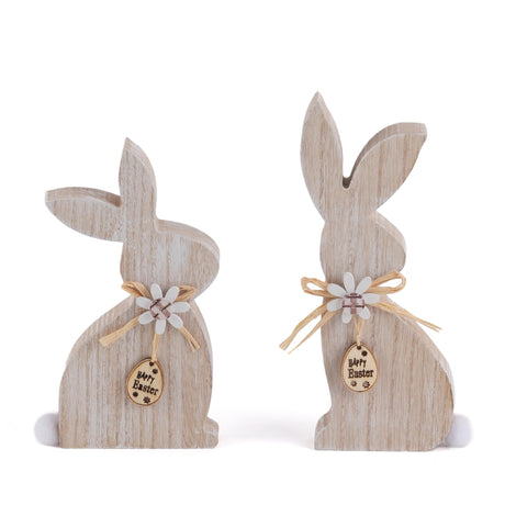 OYATON 2 Piece Easter Wooden Bunny Decor - Farmhouse Sitting Wood Bunnies Sign for Tabletop and Mantel Decorations - Unfinished Rabbit Blocks for Easter and Spring DIY Home Décor OYATON