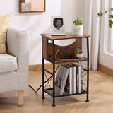 3 Tier Narrow Side Table with Charging Station, Slim End Table Nightstand Table Storage Shelf With Hidden USB Ports , Two Installation Methods For Small Spaces/Bedroom/Living Room/Office,Rustic Brown YEAKOO