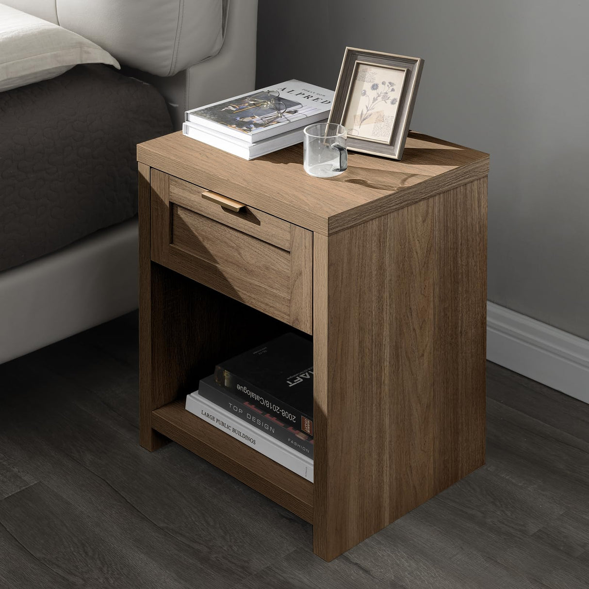 OAKHAM HOME Nightstand, Boho End Table with Drawer and Storage Shelf, Accent Table, Minimalist Sofa/Bed Side Table, for Bedroom Set of 2 (Walnut) OAKHAM HOME