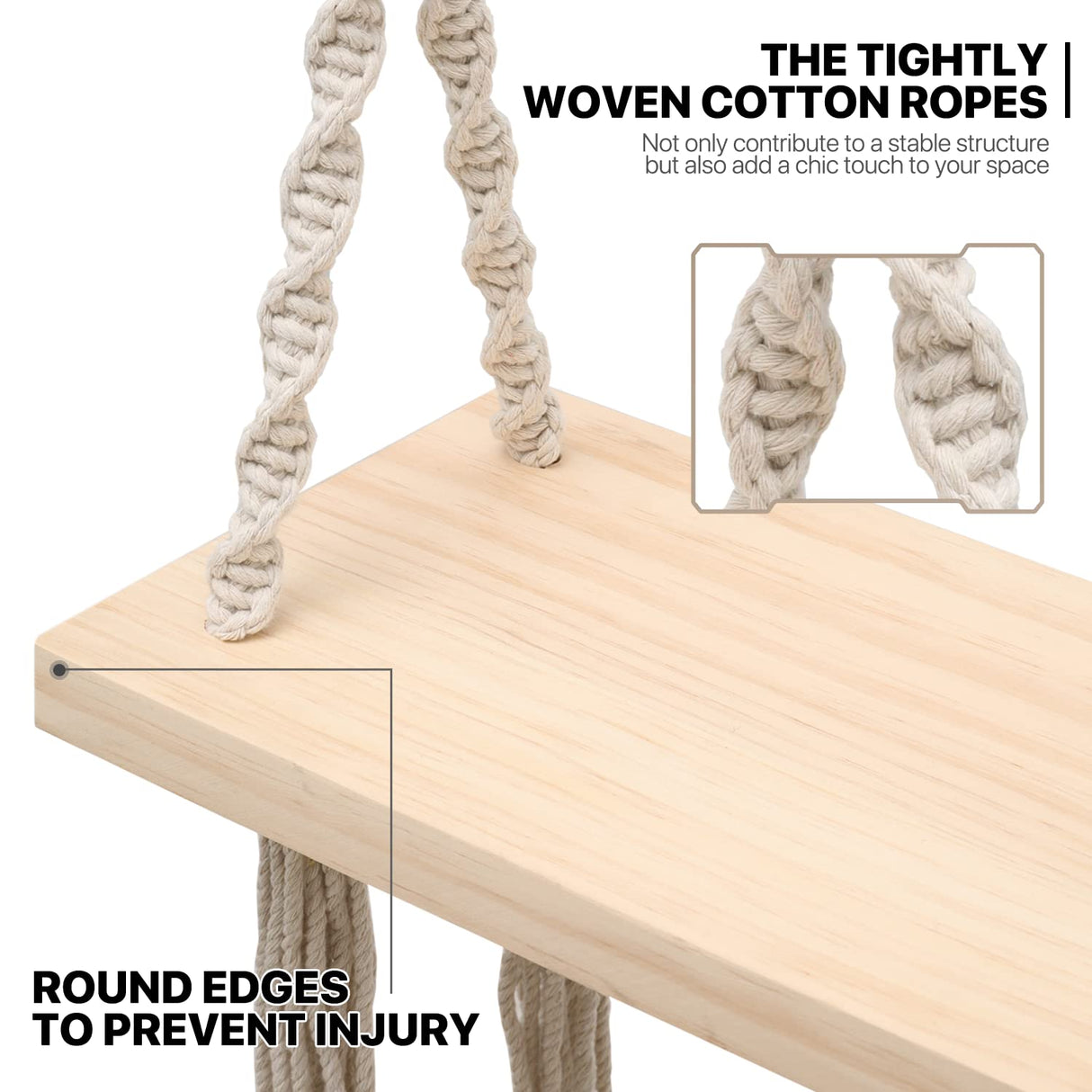 MoNiBloom Wooden Swing with Tassels, Outdoor Swing Seat for Adults with 350 lbs Capacity, Backyard Adjustable Rope Swing for Tree, Indoor/Outdoor Hanging Wood Swing Sets for Patio Garden Playground MoNiBloom