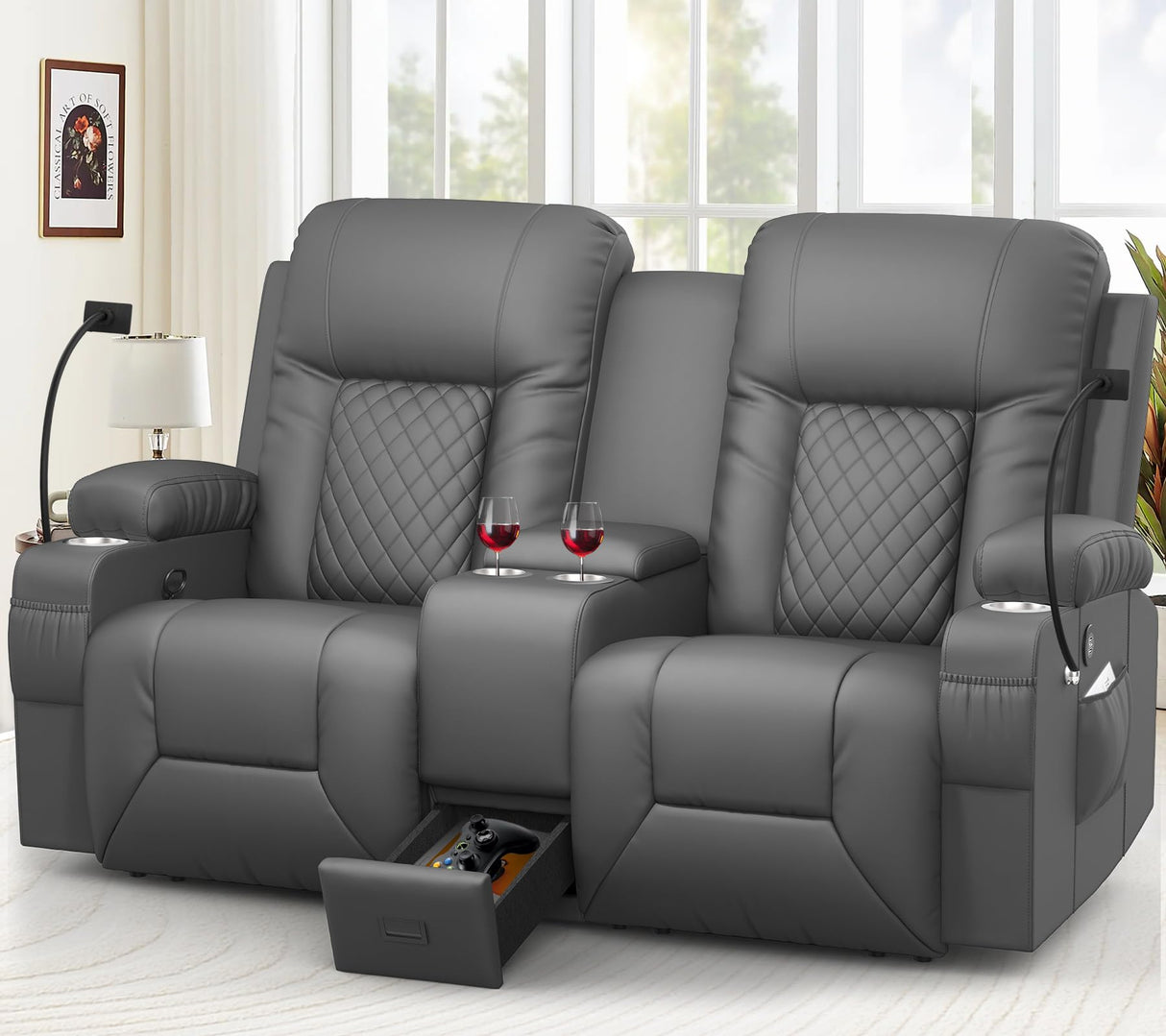 YONISEE Large Loveseat Recliner, Loveseat Recliner Sofa with Storage Console, Recliner Chair with USB Ports, 2 Cell Phone Holders, Cup Holder, Loveseat Couch for Living Room (Dark Gray) YONISEE