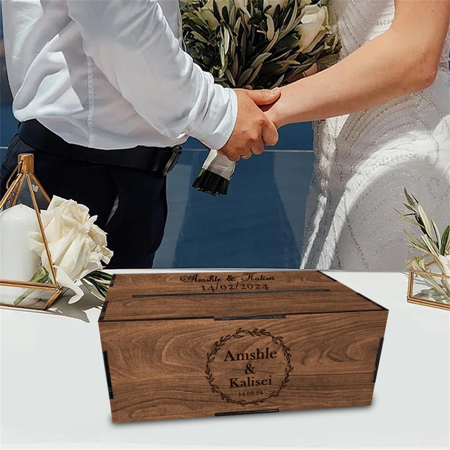 Personalized Wooden Card Box for Wedding Reception Decor Custom Wooden Wedding Card Box Holder with Slot Wedding Money Box Holder with Name and Date - WoodArtSupply