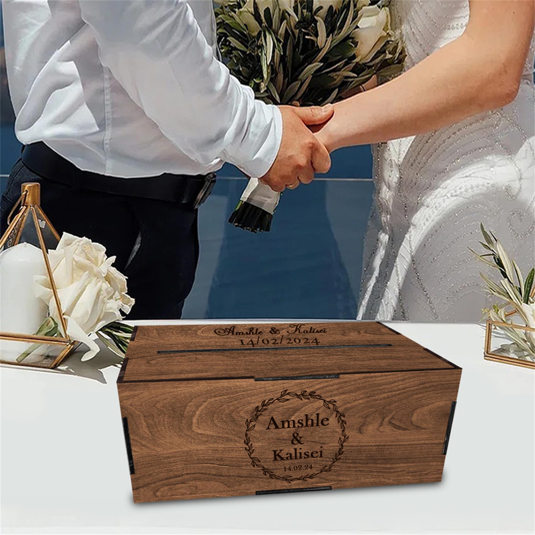 Personalized Wooden Card Box for Wedding Reception Decor Custom Wooden Wedding Card Box Holder with Slot Wedding Money Box Holder with Name and Date - WoodArtSupply