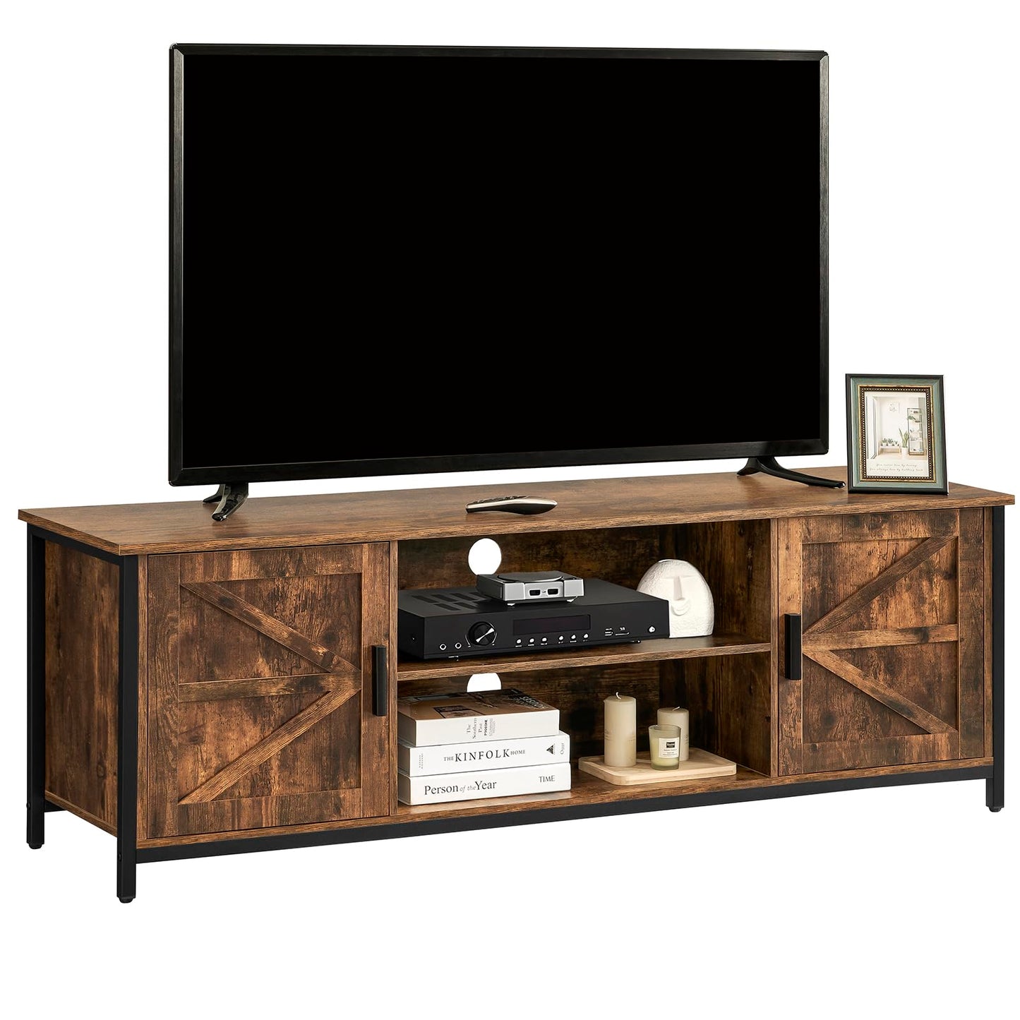 WEENFON Farmhouse TV Stand for up to 65 Inch TV, Entertainment Center with 2 Cabinets & Shelf, TV Stand with Metal Frame & Cable Management, for Living Room, Rustic Brown