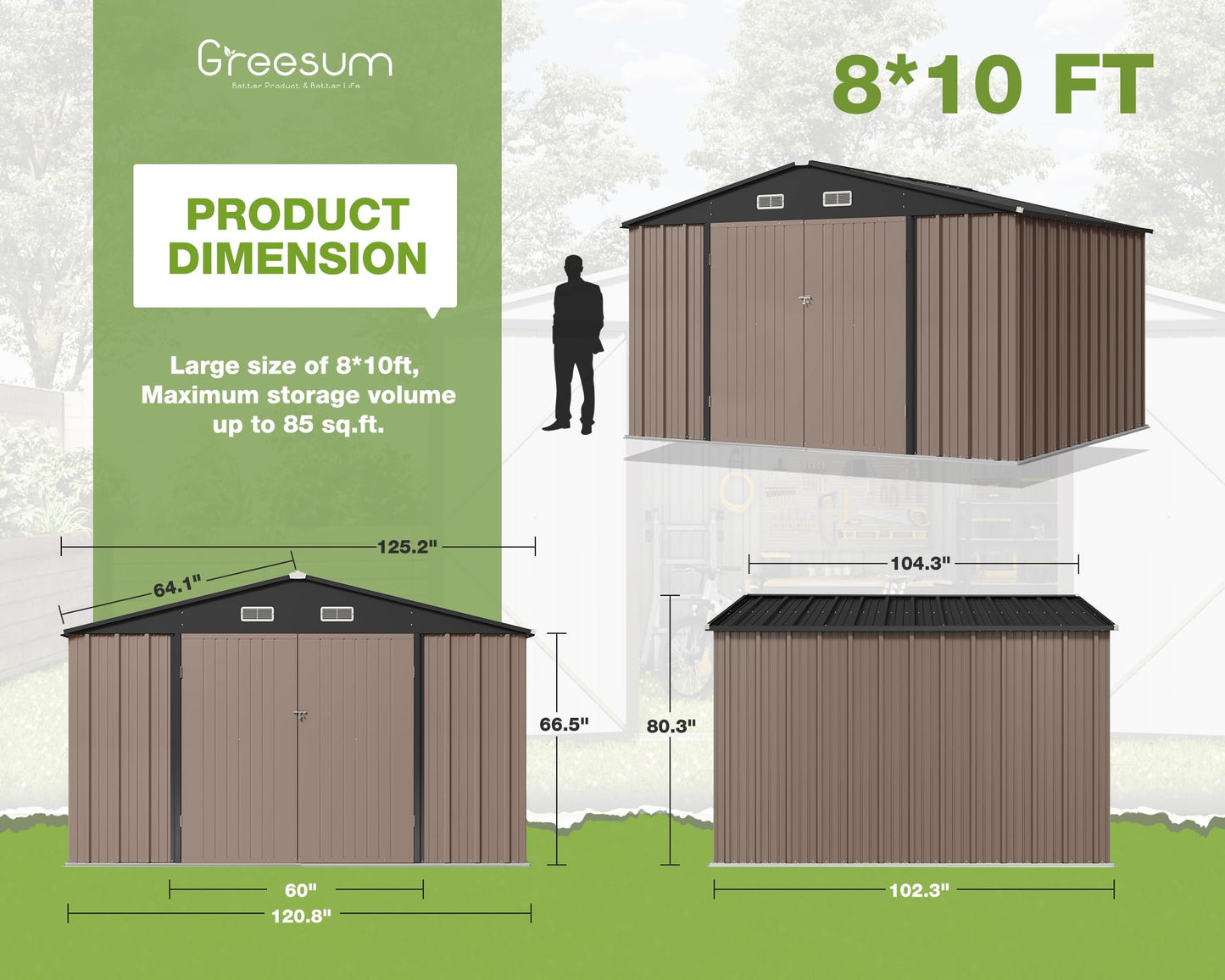 Greesum Metal Outdoor Storage Shed 10FT x 8FT, Steel Utility Tool Shed Storage House with Door & Lock, Metal Sheds Outdoor Storage for Backyard Garden Patio Lawn (10' x 8'), Brown