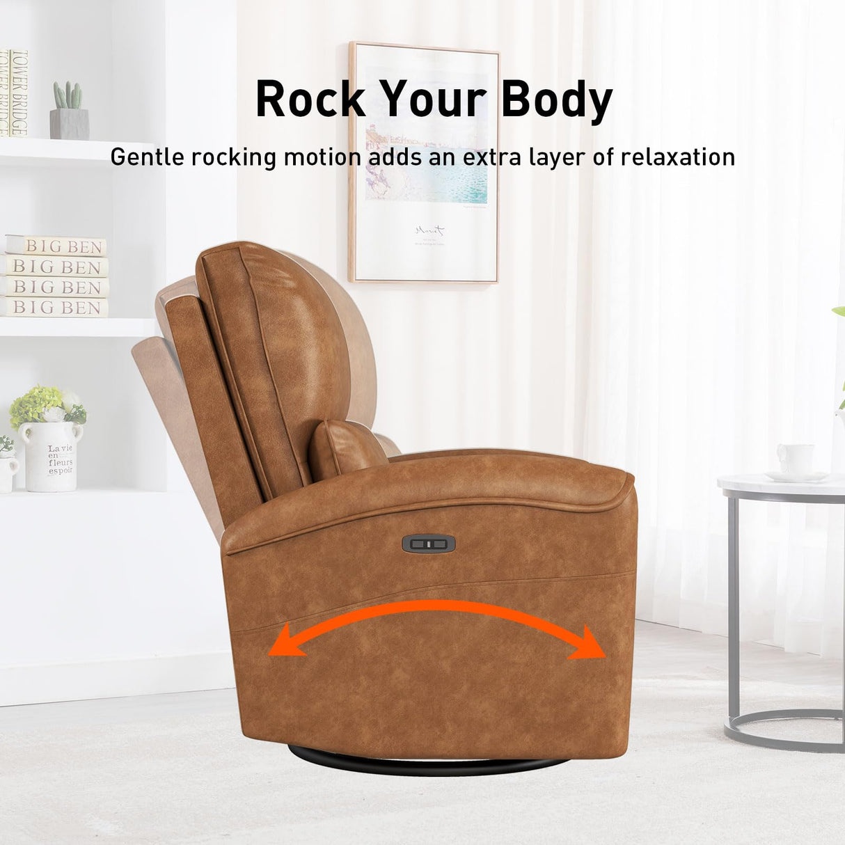 Bonzy Home Power Swivel Rocker Recliner Chair with USB Port, 23.2" Wide Seat, Fixed Lumbar Support, Upholstered Glider Chair for Nursery Living Room, Brown Bonzy Home