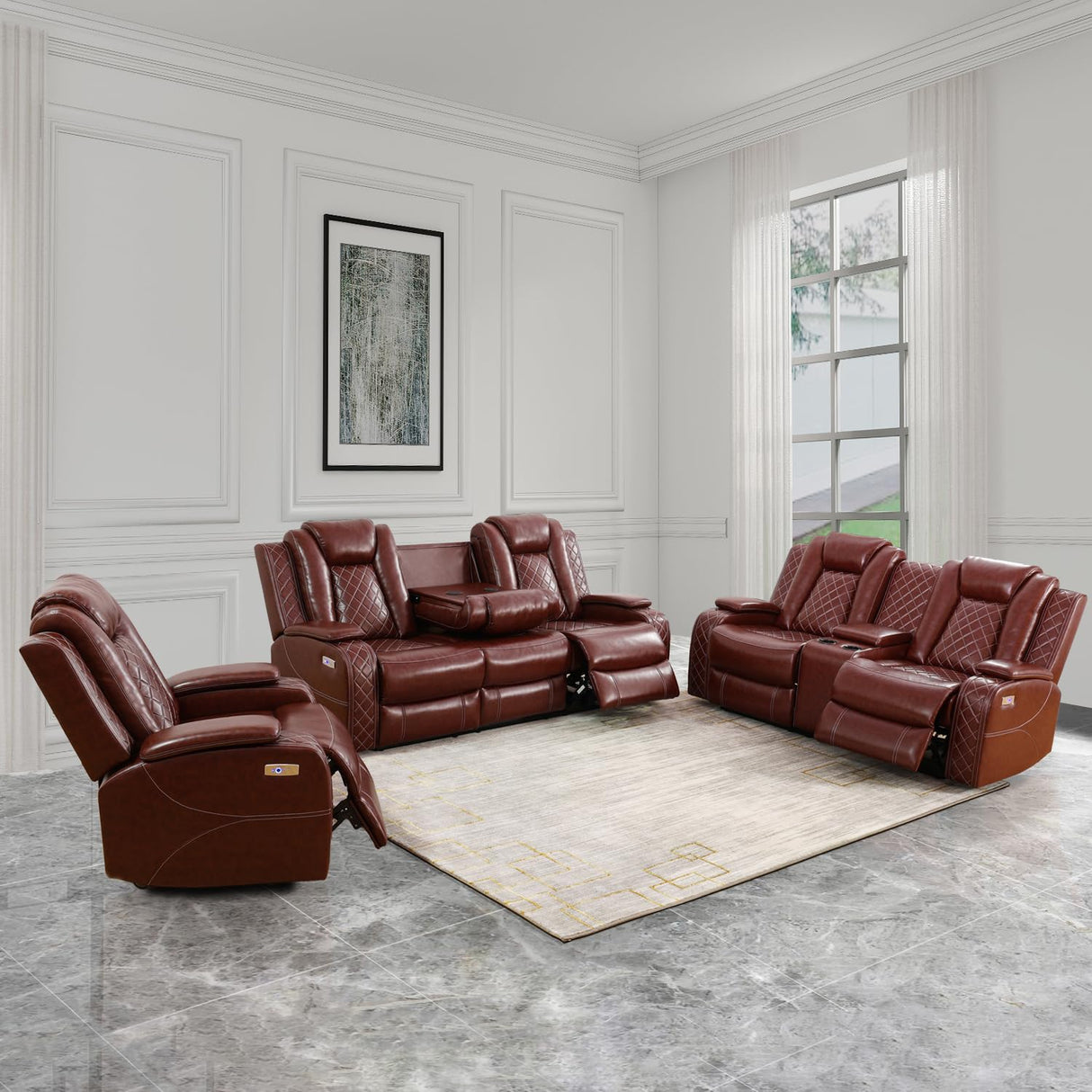 GEBADOL Power Recliner Sofa Set,Burgundy Leather Reclining Couch with USB Port/Cup Holders/Storage Console,Leather Sofas with Power Recliner for Living Room/Apartment/Office GEBADOL