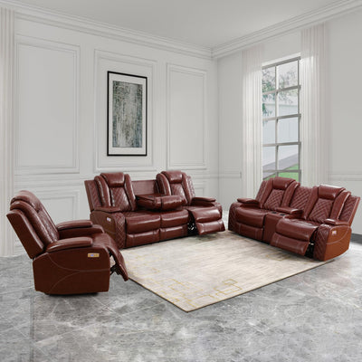 GEBADOL Power Recliner Sofa Set,Burgundy Leather Reclining Couch with USB Port/Cup Holders/Storage Console,Leather Sofas with Power Recliner for Living Room/Apartment/Office