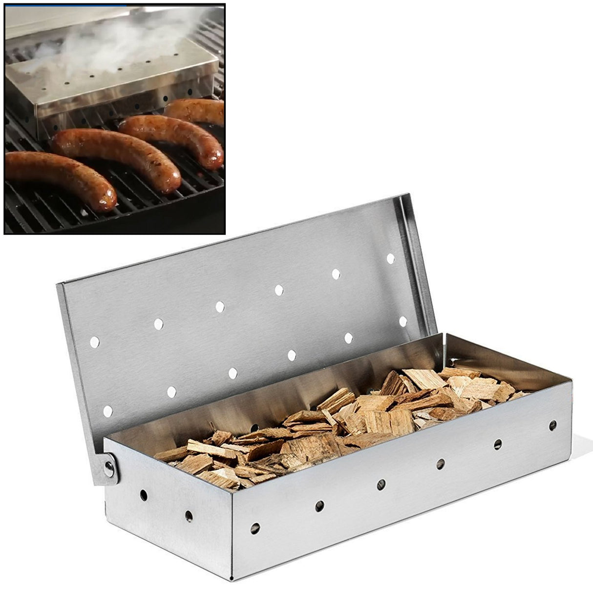 Smoker Box, BBQ Wood Chips Smoker Box for Gas or Charcoal Grills Heavy Duty Stainless Steel Barbecue Smoker Box Grill Accessories KEISSCO