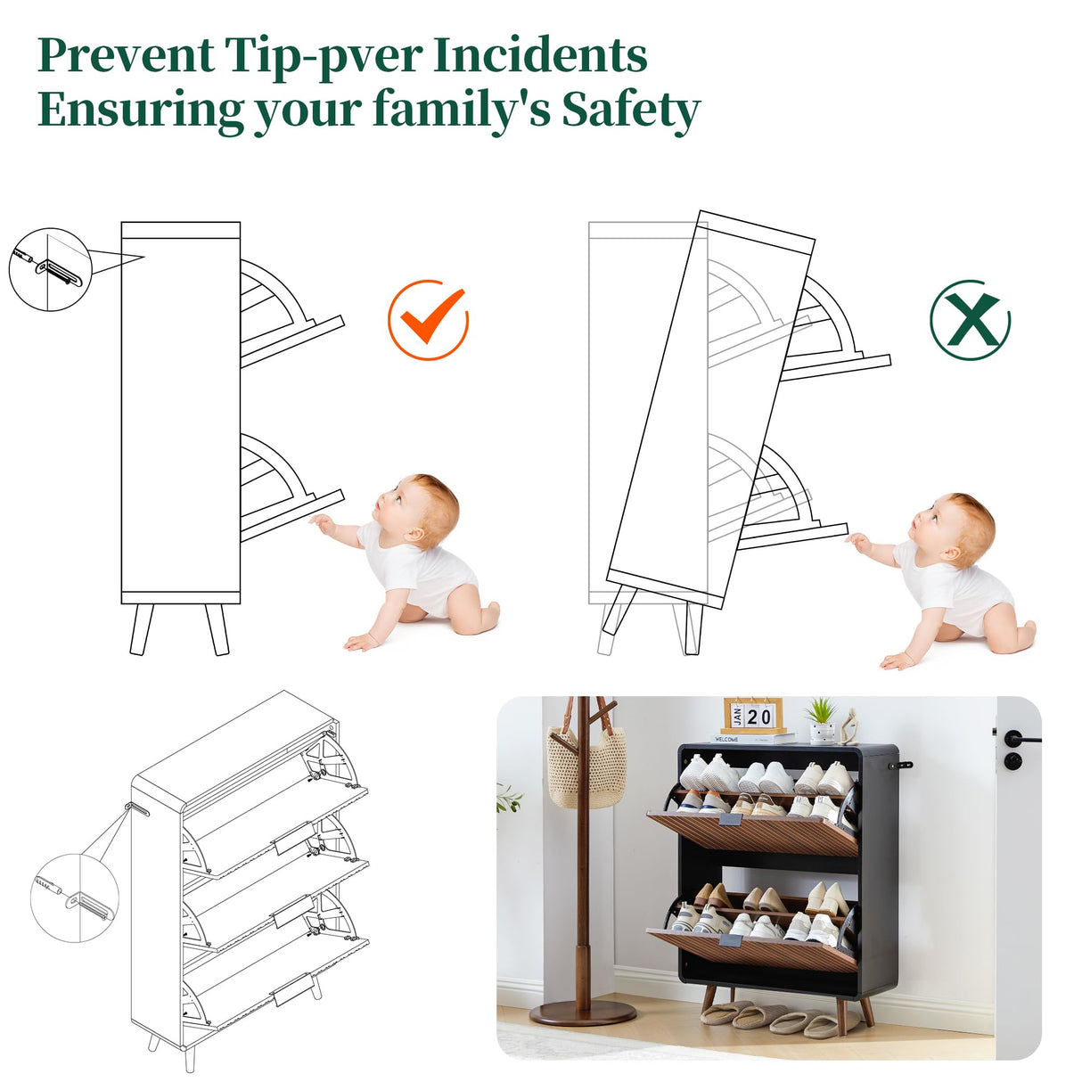 Fluted Shoe Cabinet Storage for Entryway,Slim Shoe Cabinet with 2 Flip Drawers, Narrow Shoes Rack Organizer (Walnut with Black, 2 Drawers) FurSch