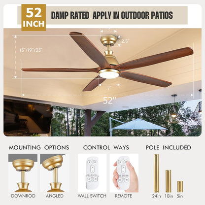 NWIASS 52 Inch Gold Ceiling Fan with Lights and Remote, Wood Ceiling Fan with Light 5 Blade Dimmable Quiet DC Motor, Farmhouse Propeller Ceiling Fans for Outdoor Patios Porch Gazebo Bedroom