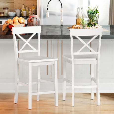 Cozyman Counter Height Bar Stools Set of 2, 24" H Wooden Counter Stools with Back and Footrest, X-Back Farmhouse Barstools for Kitchen Island, Home Bar, White Cozyman