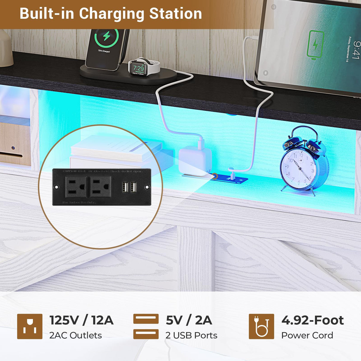 Hasuit Queen Size Bed Frame with Storage Ottoman, Farmhouse Bed Frame with Charging Station and Led Light, Headboard with Storage Rack, Metal Slats, No Noise Design, No Box Spring Needed,Walnut White Hasuit