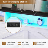 Hasuit Queen Size Bed Frame with Storage Ottoman, Farmhouse Bed Frame with Charging Station and Led Light, Headboard with Storage Rack, Metal Slats, No Noise Design, No Box Spring Needed,Walnut White Hasuit