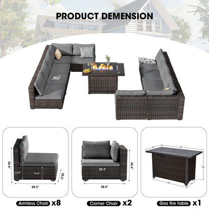 Patio Furniture Set with Fire Pit Table, 11 Pieces PE Rattan Wicker Outdoor Sectional Conversation Sofa Set with Non-Slip Cushions and Waterproof Covers Grey