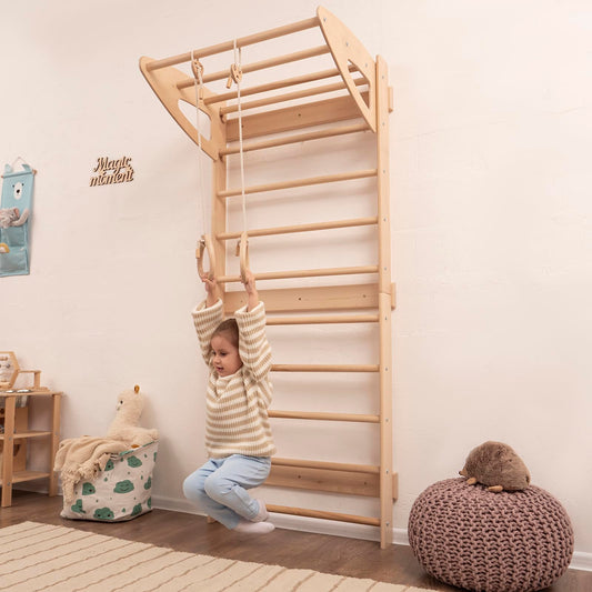 Woodandhearts Montessori Toddler Swedish Ladder, Indoor Playground, Jungle Gym, Indoor Jungle Gym for Toddlers, Wooden Play Gym, Montessori Climbing (Pair of Gymnastic Rings Natural Wood)