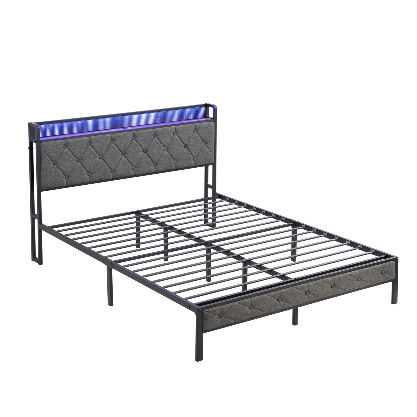 HBRR Modern Queen Size Upholstered Bed Frame with Storage Headboard, LED Lights, and Charging Station in Dark Gray - WoodArtSupply