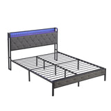 HBRR Modern Queen Size Upholstered Bed Frame with Storage Headboard, LED Lights, and Charging Station in Dark Gray HBRR