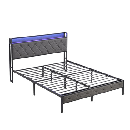 HBRR Modern Queen Size Upholstered Bed Frame with Storage Headboard, LED Lights, and Charging Station in Dark Gray - WoodArtSupply