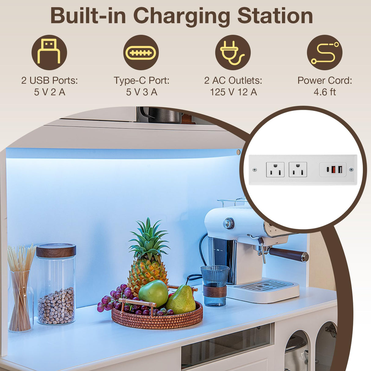 LOKO 73'' Kitchen Pantry Storage Cabinet, Freestanding Buffet Cabinet with LED Lights & Power Outlets, Kitchen Hutch with Microwave Stand, Adjustable Shelves, Doors and Drawers, for Dining Room, White LOKO