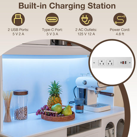 LOKO 73'' Kitchen Pantry Storage Cabinet, Freestanding Buffet Cabinet with LED Lights & Power Outlets, Kitchen Hutch with Microwave Stand, Adjustable Shelves, Doors and Drawers, for Dining Room, White LOKO