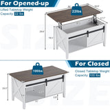 VINGLI White Oak Lift Top Coffee Table, 36" Small Farmhouse Barn Door Coffee Table with Storage, Rectangular Center Wood Coffe Table with Lifting Top,Lift Up Living Room Tables with Hidden Compartment VINGLI