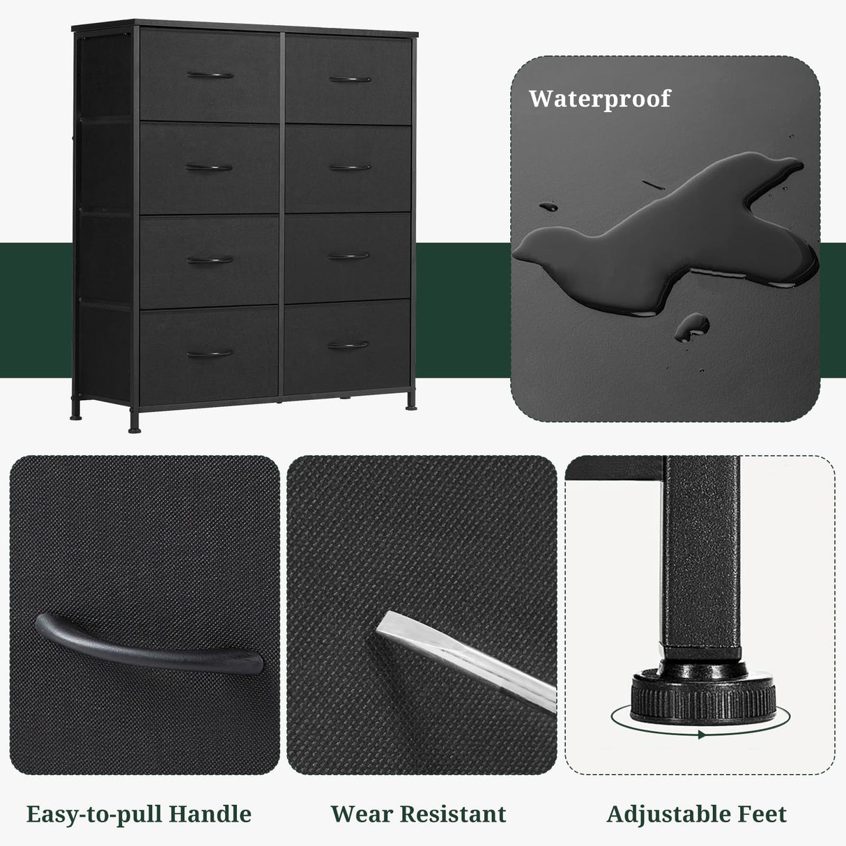 8-Drawer Dresser for Bedroom, Anti-Tip Tall Storage Organizer Chest of Drawers with Wooden Top and Metal Frame Fabric Bins for Closet, Living Room, Hallway, Entryway, Black SageNest