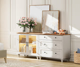 WAMPAT Entertainment Center with Bookshelves with Glass Doors & Drawer, Farmhouse Wall Unit TV Stand for TVs up to 75", Media Console Table for Living Room, Bedroom & Home Theater, White WAMPAT