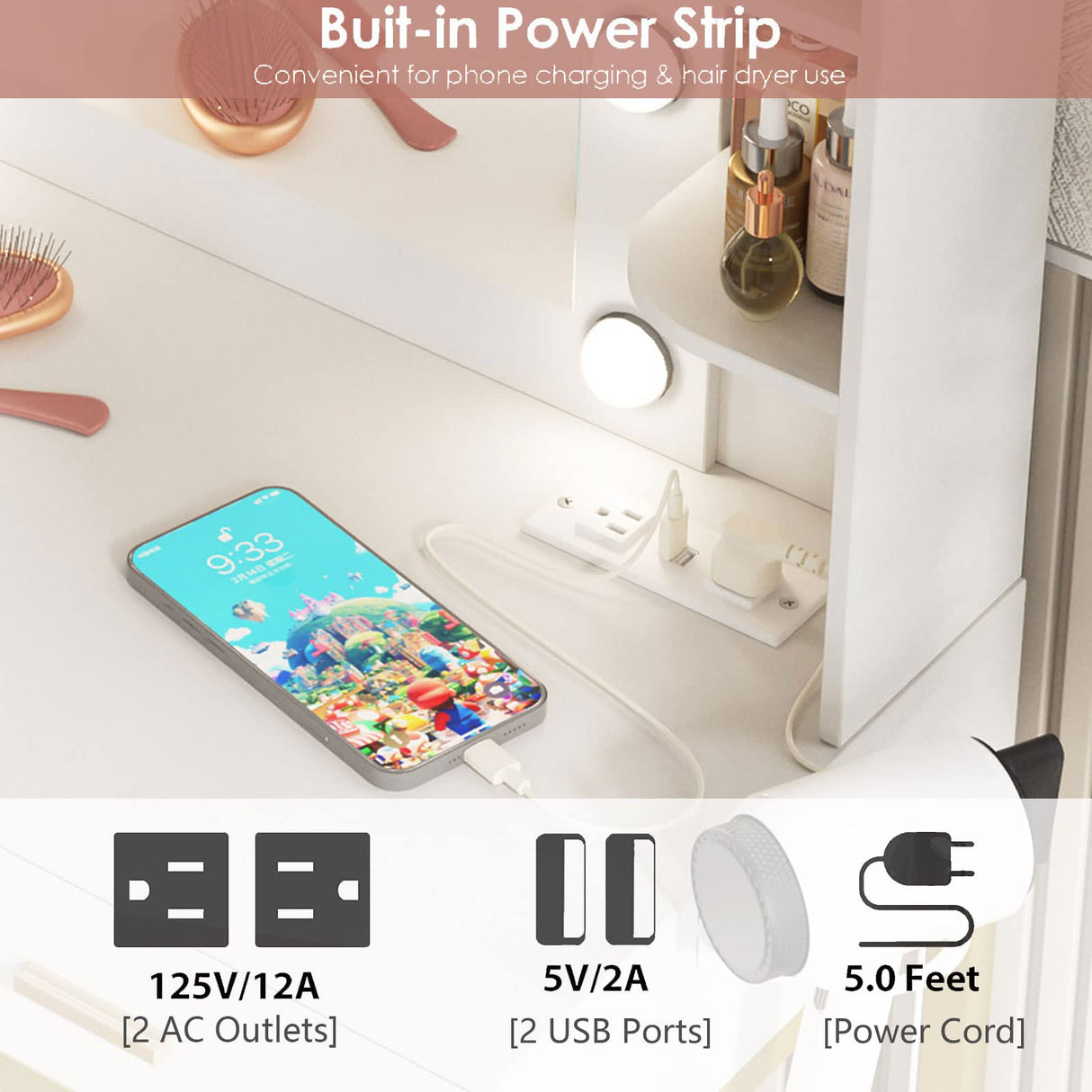 Vanity Desk with Mirror and 10 Led Lights, with Charging Station,Makeup Vanity Table Set with Lighted Mirror, with 3 Lighting Modes and 2 Drawers&Cushioned Stool for Bedroom Vabches