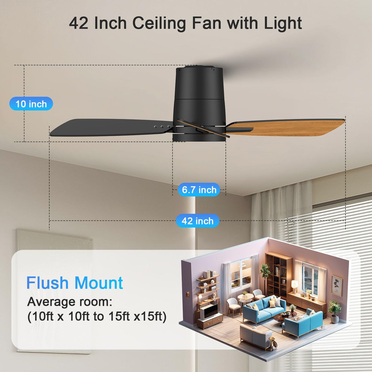 Atolit Ceiling Fans with Lights,42 inch,Quiet Reversible Motor,Easy to Install,6 Speeds,3CCT,Timer, Black Modern Ceiling Fan for Living Room, Bedroom, Kitchen, Dining room, Office Atolit