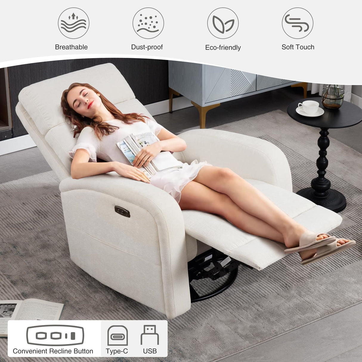 BaseBeauty Power Glider Recliner Nursery Rocking Chairs with USB, Electric Swivel Rocker Glider Chair for Living Room, Upholstered Recliner Chairs for Bedroom, Bedroom, Chenille White BaseBeauty