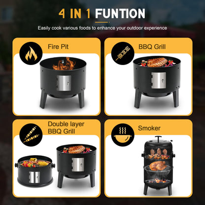 BIG HORN OUTDOORS 16 inch Charcoal Smoker, Vertical BBQ Grill, Heavy Duty 4 In 1 Fire Pit with Built-in Thermometer & Adjustable Vent System for Backyard Patio Camping