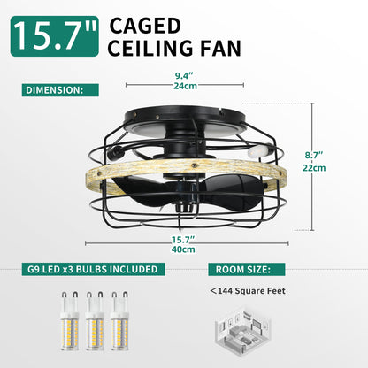 YITAHOME 15" Caged Ceiling Fans with Lights and Remote, Flush Mount Bladeless Low Profile, Small Farmhouse Rustic Enclosed Ceiling Fan for Bedroom, Kitchen, Indoor