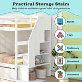 Giantex Bunk Bed Twin Over Twin with Storage Stairs & Drawers, Solid Wood Bunk Bed with Full-Length Guardrails, Convertible to 2 Beds, Versatile Bunk Beds for Kids, Teens, Adults, White Giantex