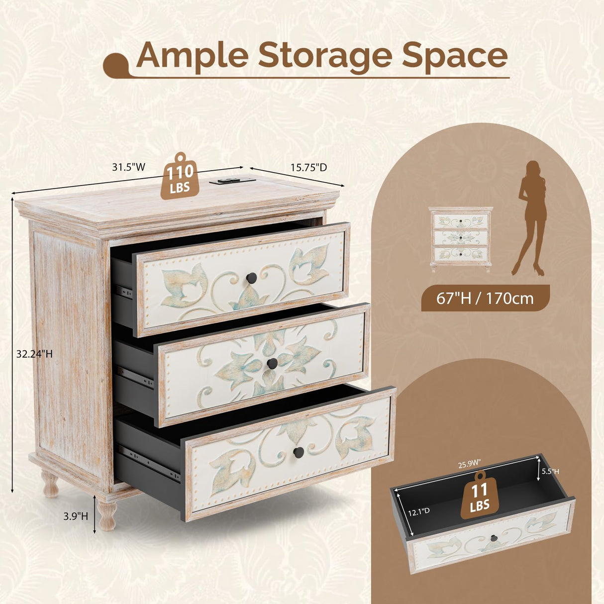 VINGLI Washed White Dresser with Charging Station, 3 Drawer Dresser Boho Wood Chest of Drawers, Wooden Dressers with Drawers and Solid Wood Legs VINGLI