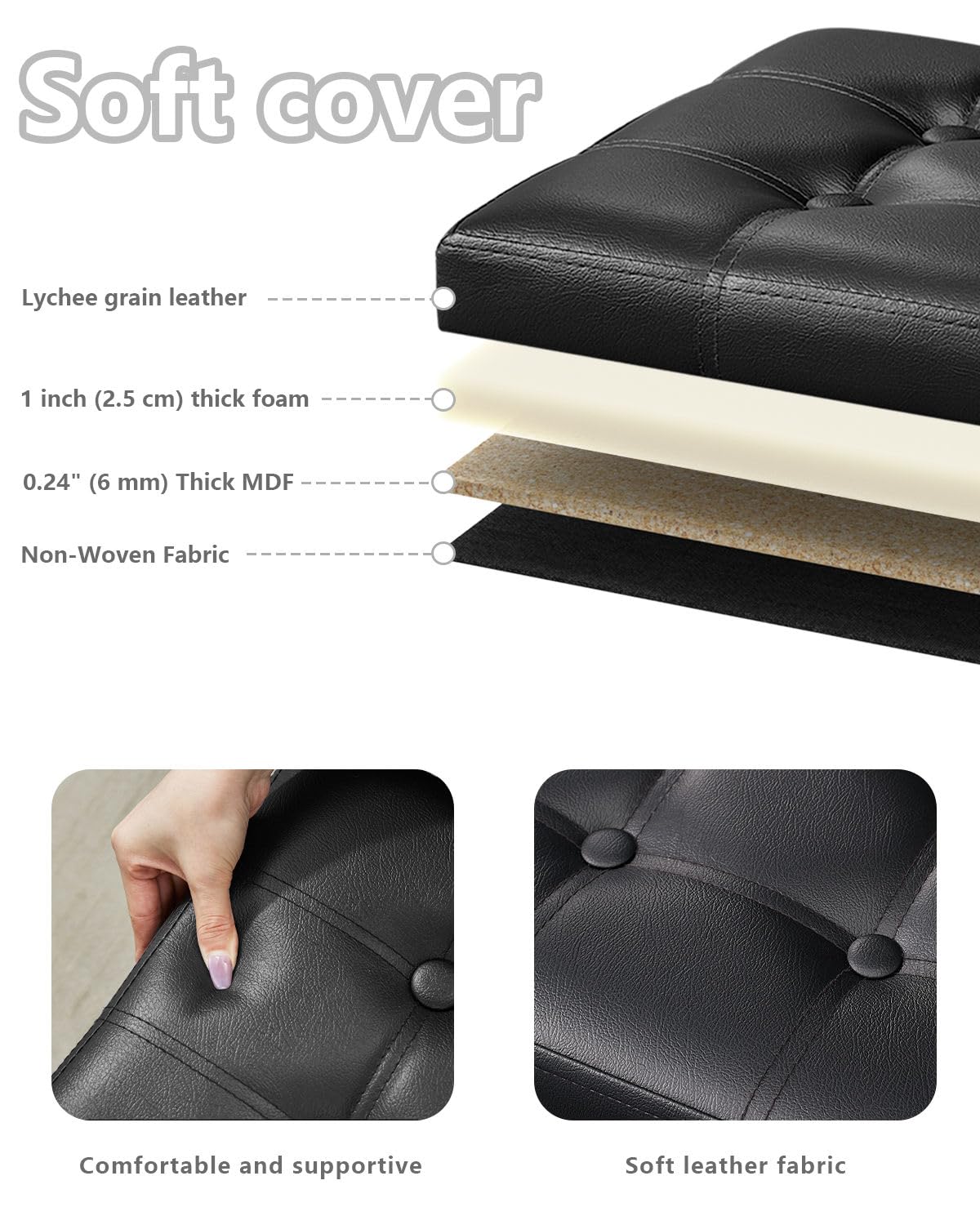 Bsketa Storage Ottoman, Folding Foot Stool with Thicker Foam Padded Seat Small Leather Storage Ottoman Bench Foot Rest for Living Room Foldable Coffee Table 17x13x13in,Black Bsketa