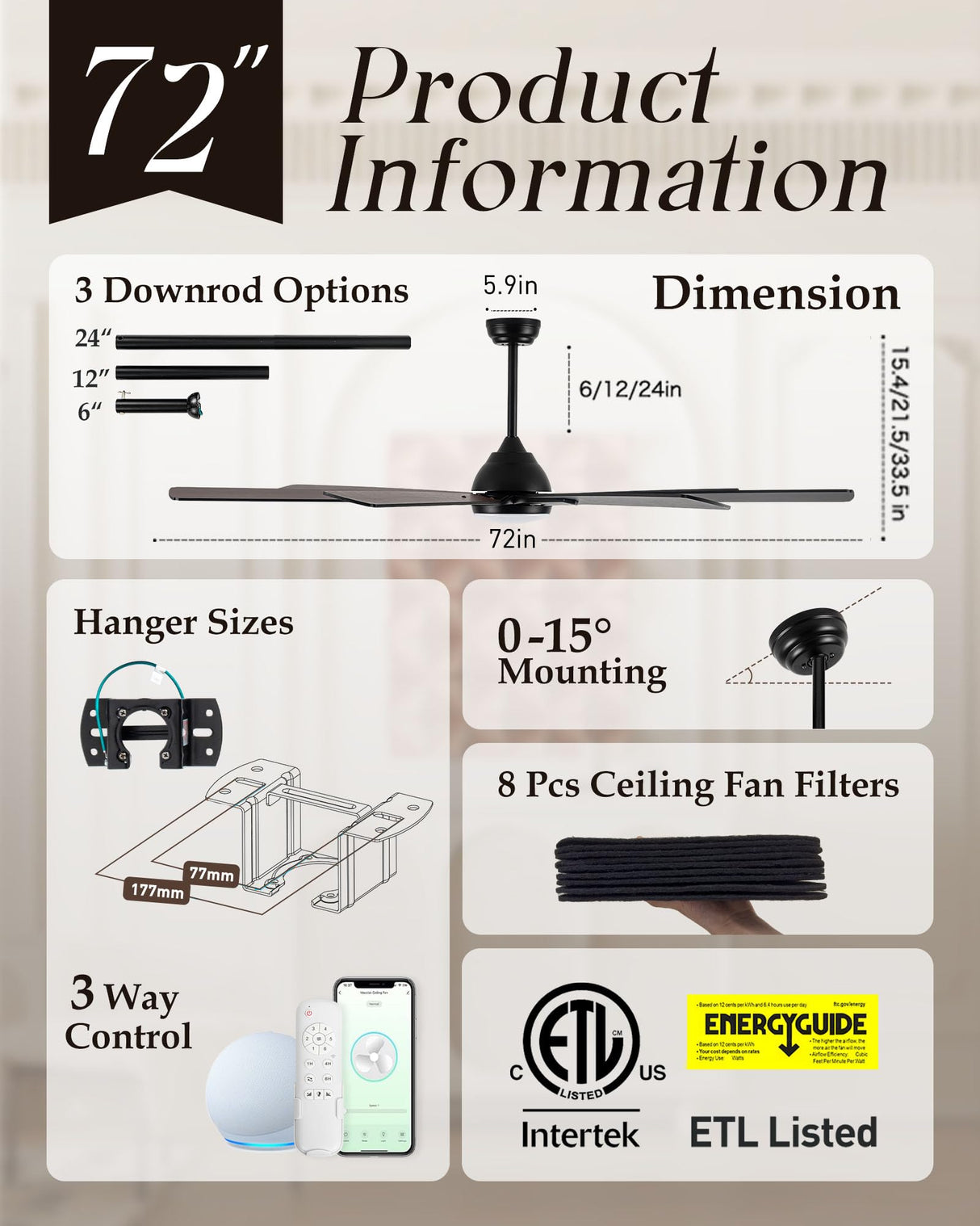 Maxslak 72" Large Smart Ceiling Fan with Light Remote Control via WIFI Alexa,6-Speeds Quiet DC Motor,Dimmable,Indoor Outdoor Black ceiling fan for Living Room,Patio,Dual Finish 7 Blades Maxslak