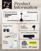 Maxslak 72" Large Smart Ceiling Fan with Light Remote Control via WIFI Alexa,6-Speeds Quiet DC Motor,Dimmable,Indoor Outdoor Black ceiling fan for Living Room,Patio,Dual Finish 7 Blades Maxslak