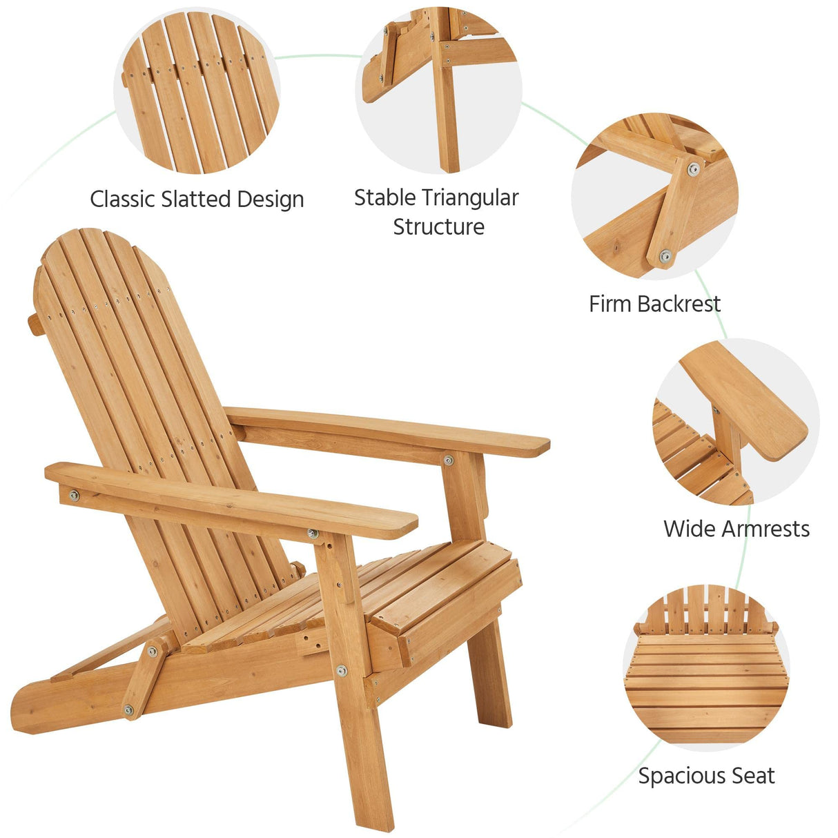 Yaheetech Folding Adirondack Chair Set of 2 Outdoor, 300LBS Solid Wood Garden Chair Weather Resistant, Fire Pit Lounge Chairs for Garden/Yard/Patio/Lawn, Natural Wood Yaheetech