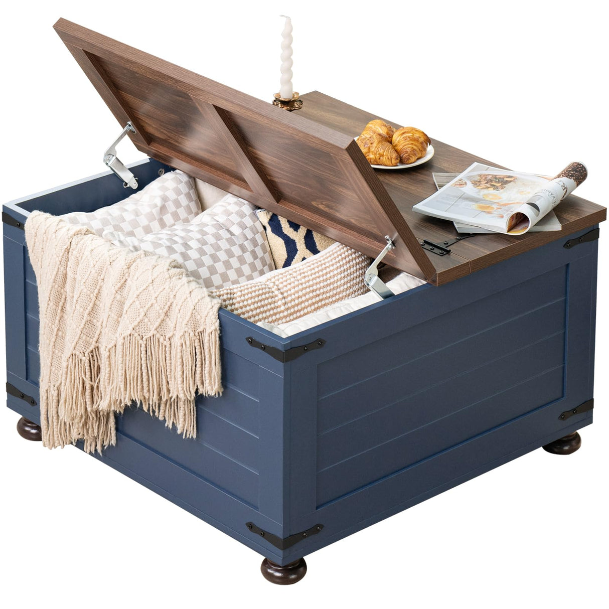 Joaxswe Farmhouse Coffee Table with Hidden Storage, 59 Gallon Square Center Table for Living Room, Rustic Wood Cocktail Tables with Flip-Top Lids, Farm House Tables with Wooden Gourd Feet, Navy Blue Joaxswe