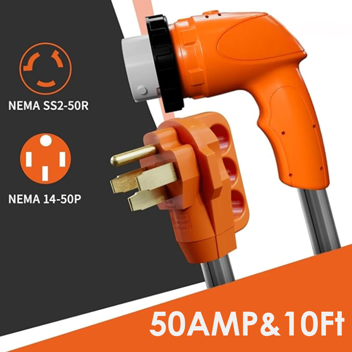 Ficstar 50 Amp RV Extension Cord 10 ft, Heavy Duty 6/3+8/1 SJTW AWG RV Power Cord with Grip Handle Twist Lock, NEMA 14-50P to SS2-50R with Polarity Lamp Ficstar