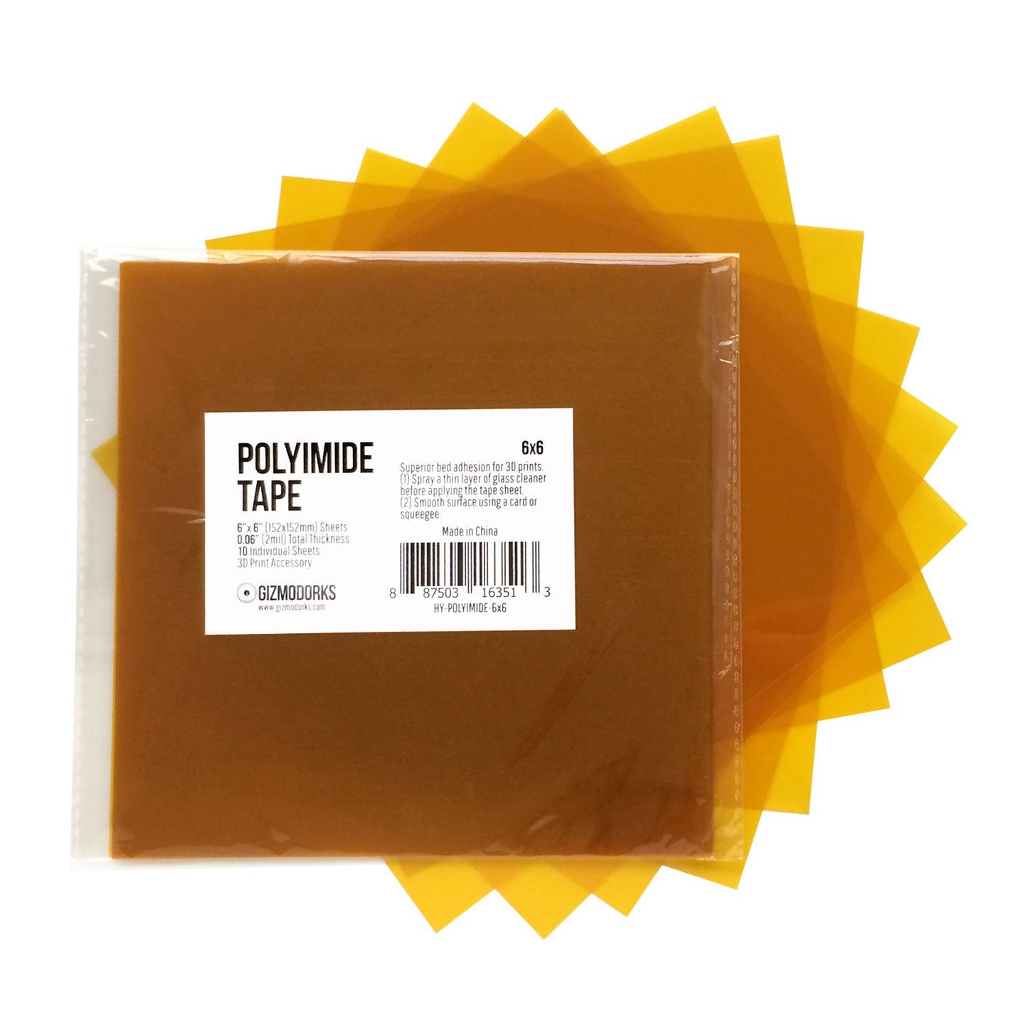 Gizmo Dorks Kapton Tape (Polyimide) for 3D Printers and Printing, 6.25 x 6.25 inches, 10 Sheets per Pack - WoodArtSupply