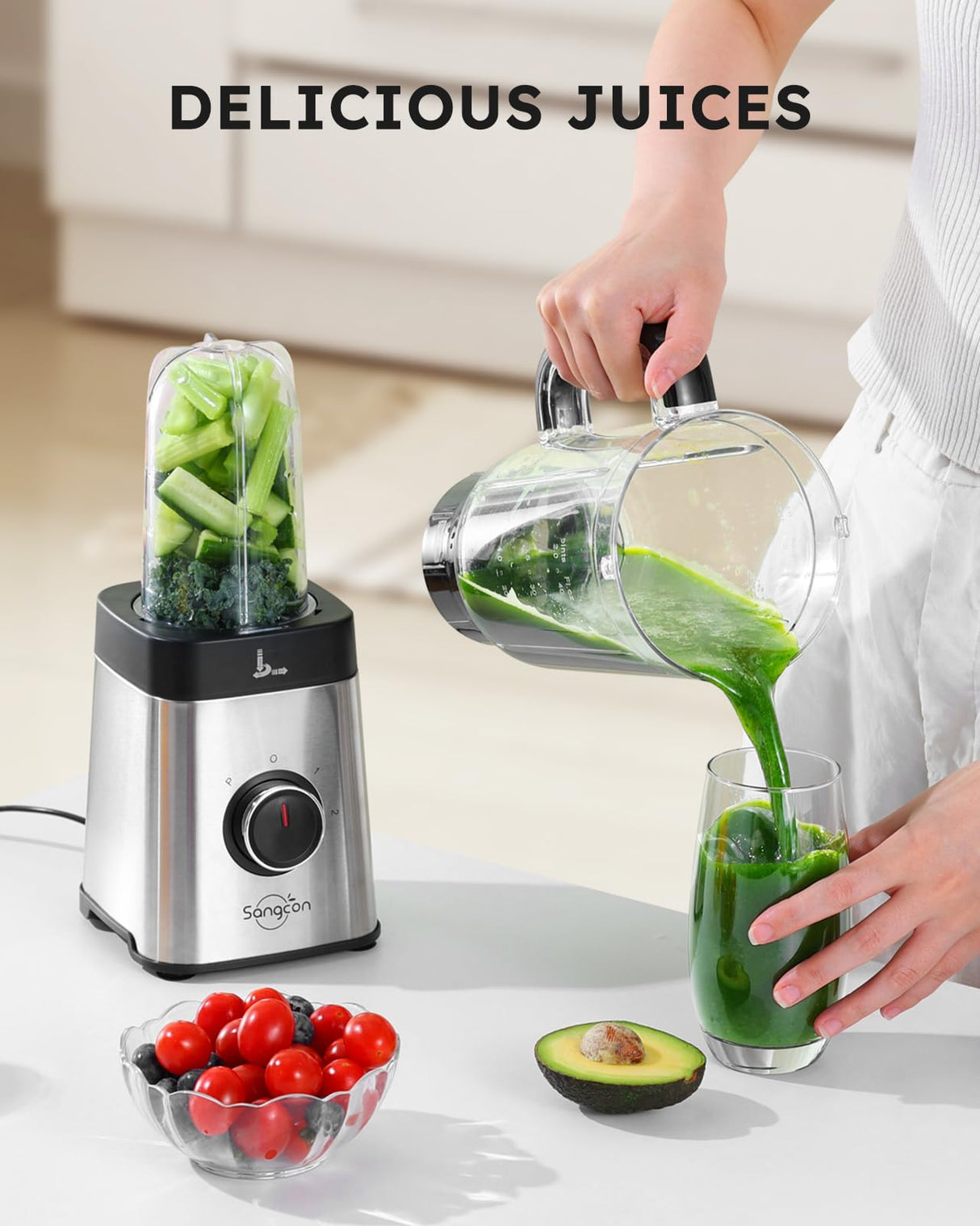 Sangcon Blenders and Food Processor Combo for Kitchen, 5 in 1 Blender for Shakes and Smoothies, Meat Chopped, Grinding & more, 40 oz Jar & 17oz Cup with To-Go Lid, Stainless Steel Silver sangcon
