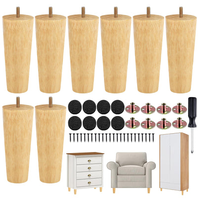 TURSTIN 8 Pieces Furniture Legs 6 Inches Round Solid Wood Furniture Feet Couch Legs Sofa Legs Replacement Legs for Armchair, Cabinet, Chair, Dresser or Home DIY Projects, Natural Wood