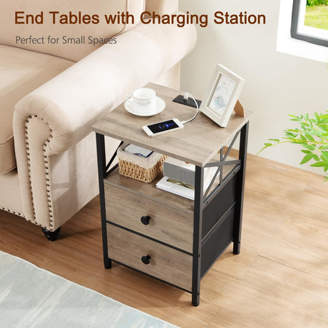AMHANCIBLE Night Stand Set 2, Nightstand with Charging Station, End Tables Living Room with USB Ports and Outlets, Bedside Tables with Fabric Drawers for Bedroom, Greige HET05XGY AMHANCIBLE